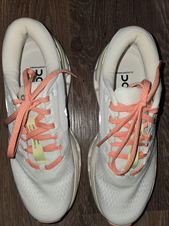 On Clouds Shoes - On Cloudrunner Women's Athletic Sneakers in White with Coral Laces
